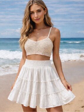 Sim & Sam White Tiered Mini Skirt XS Cottagecore Boho Elastic Waist Beach Spring